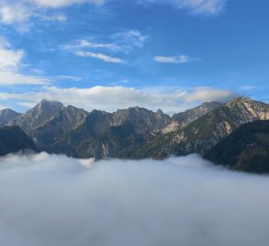 Morning view of Haller Mauern above the fog