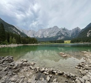 Lake Lago di Superiore and the massif of Mount Mangart