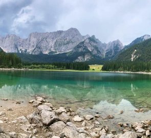 Lake Lago di Superiore and the massif of Mount Mangart