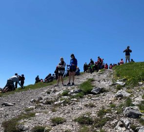 Crowds of people at the top of the mountain Velký Kriváň