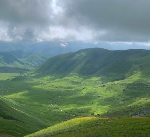 View from the ascent up the saddle into the valley to the village of Roshka