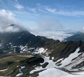 A view of the mountains during a challenging snowfield crossing