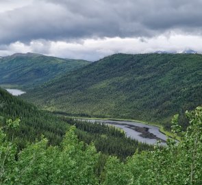 View of the lakes and surrounding hills.